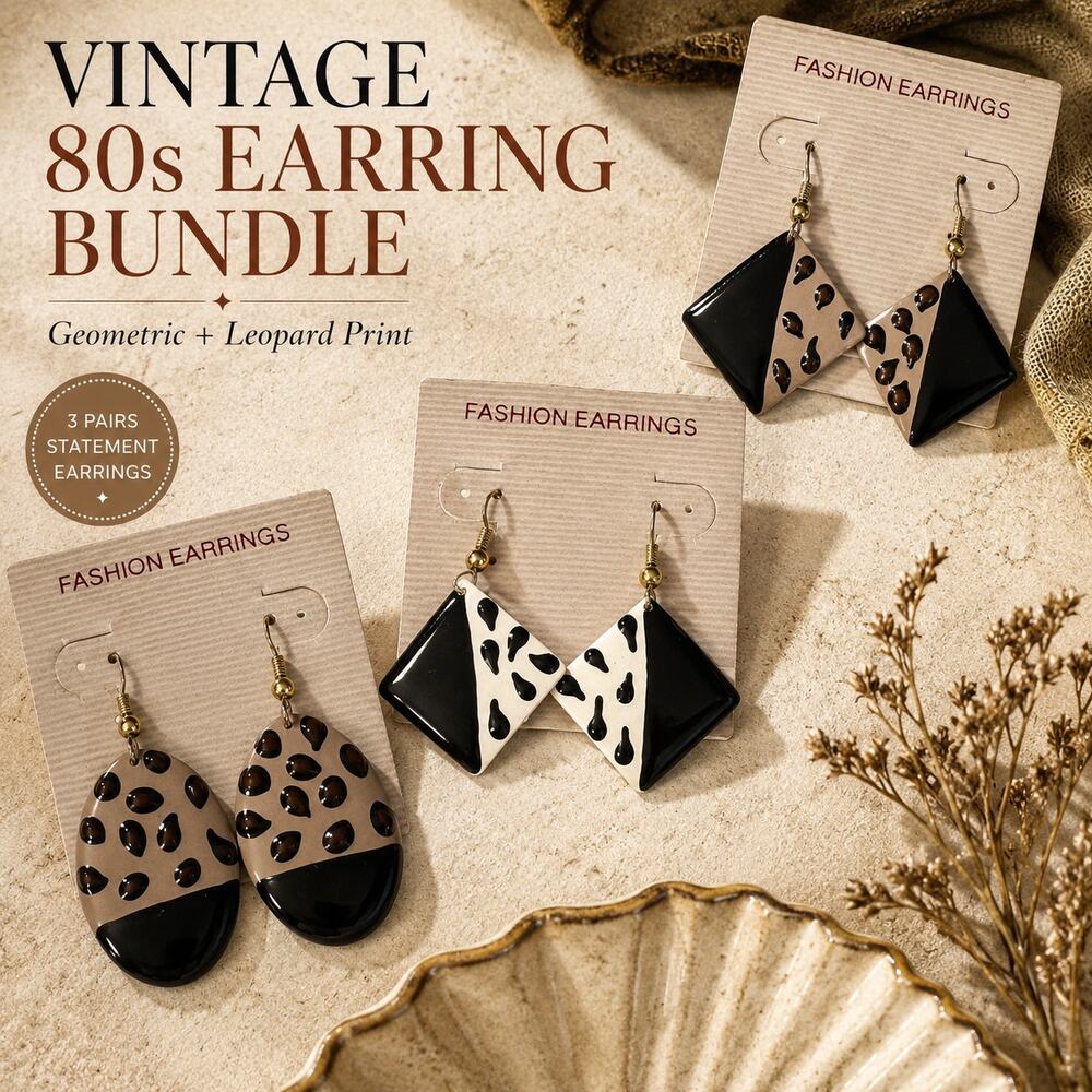 Vintage 80s 90s Statement Earring Bundle Leopard Print Geometric Lot of 3